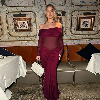 Elegant Backless High Waist  Mesh Patchwork Maxi Dress