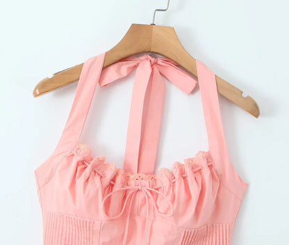 Corset Style Bow Halter Spliced Lace Midi Dress