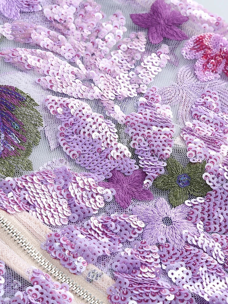 Floral-Embellished Sequin Lavender Ankle Length Dress