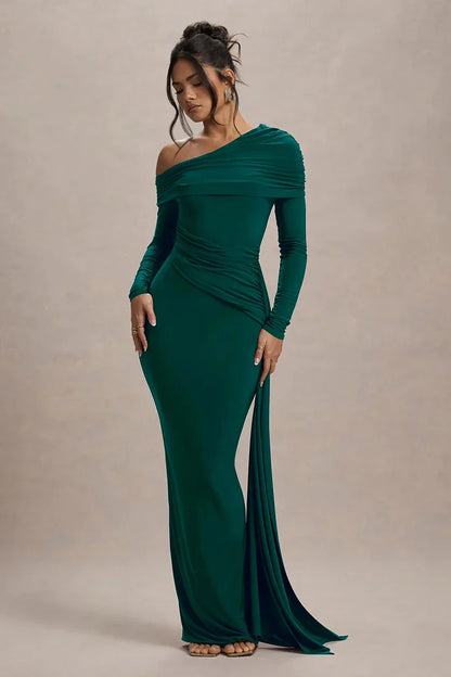 Skew Collar Long Sleeve Maxi Dress