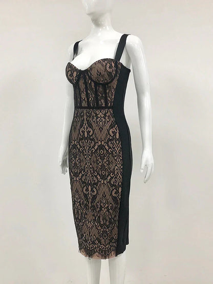 Lace Patchwork Black Midi Dress