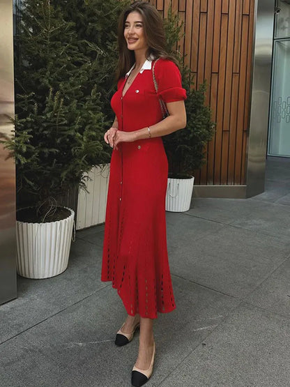 Ribbed Contrast Collar Short Sleeve Buttoned Midi Dress