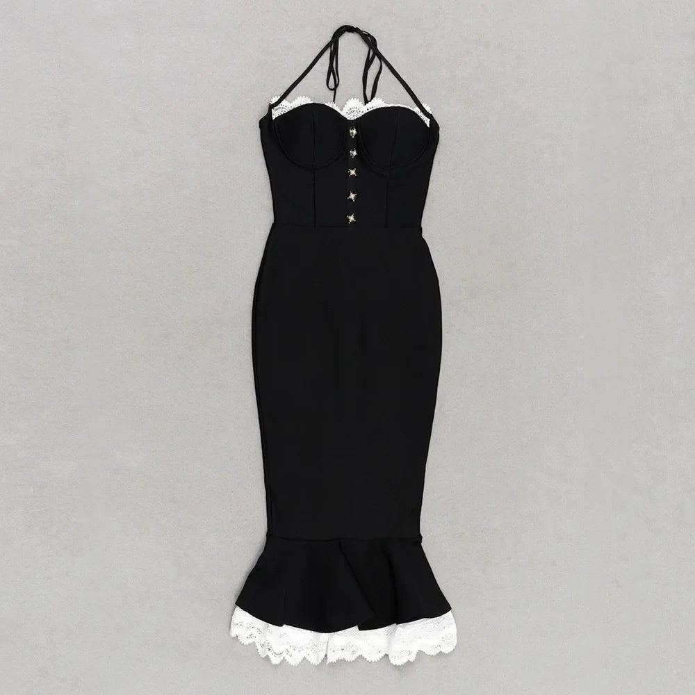 Black Lace Trumpet Spaghetti Strap Midi Dress