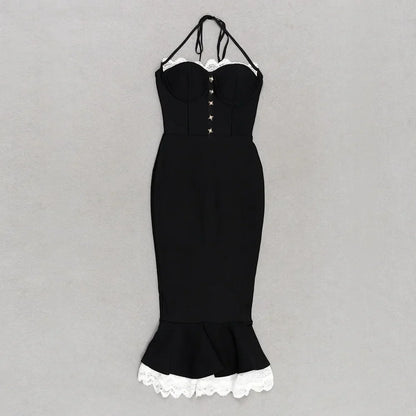 Black Lace Trumpet Spaghetti Strap Midi Dress
