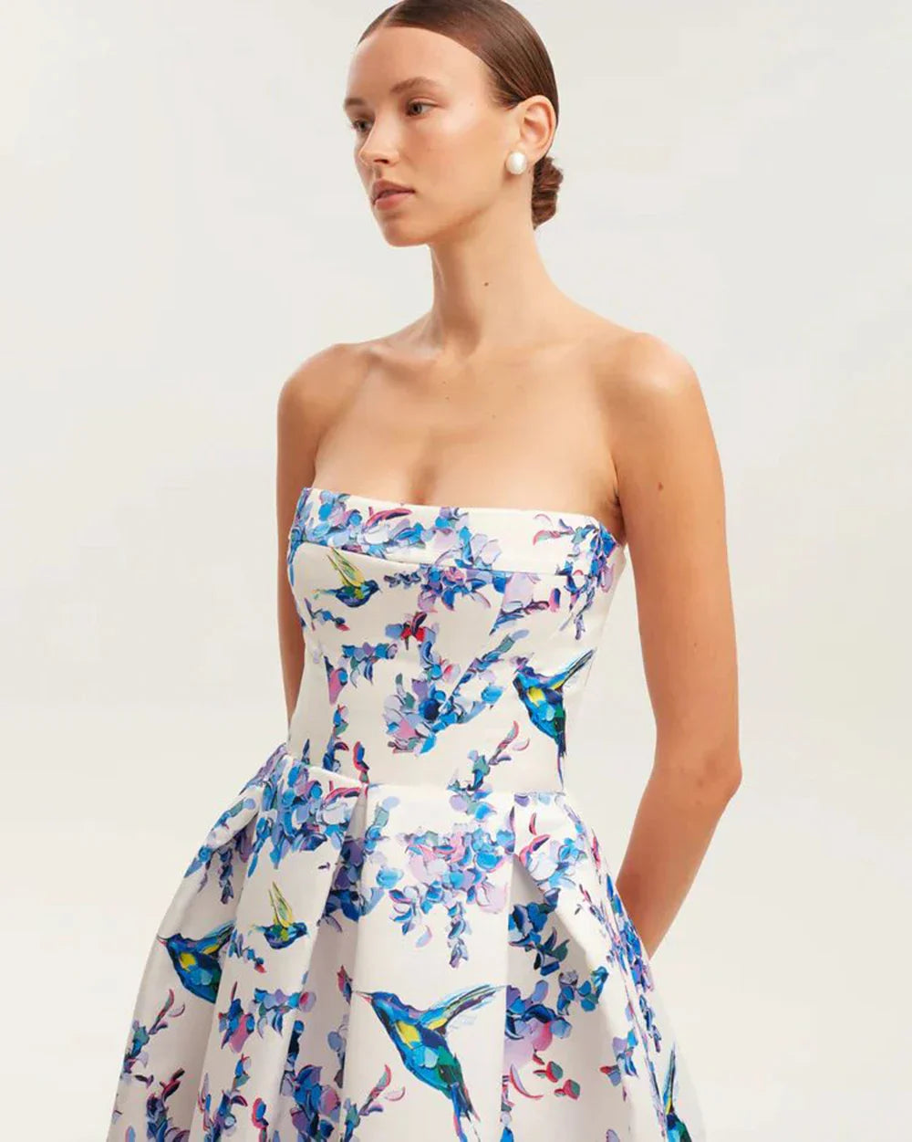 Floral printed strapless back tied rope dress