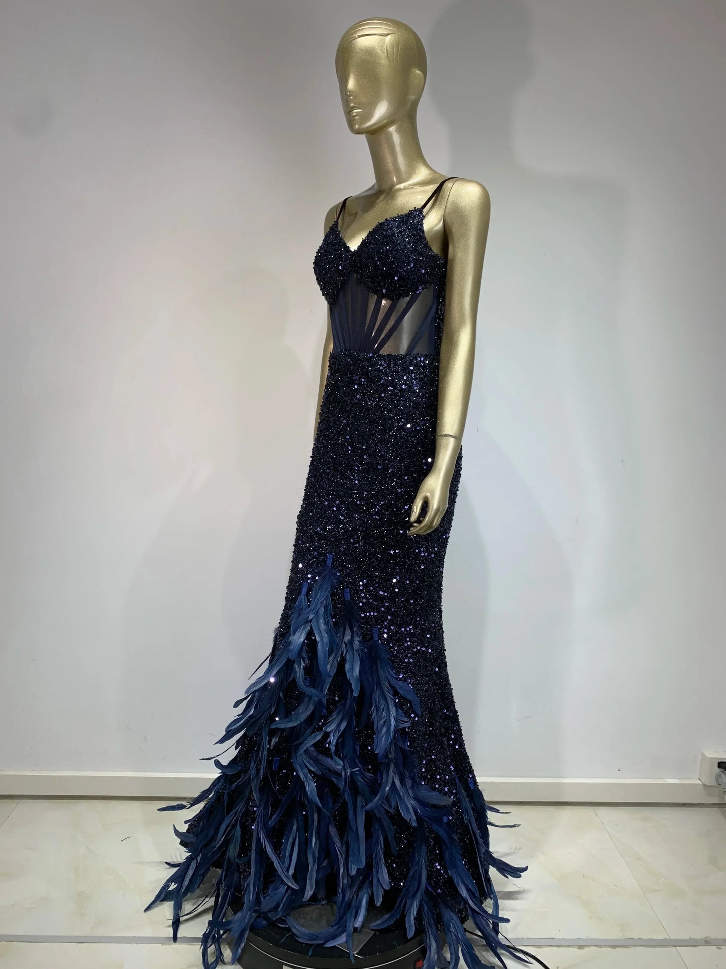 Mesh Sequins Blue Feather Long Dress