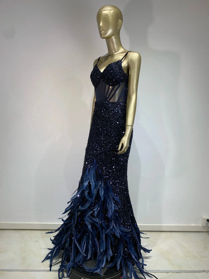 Mesh Sequins Blue Feather Long Dress