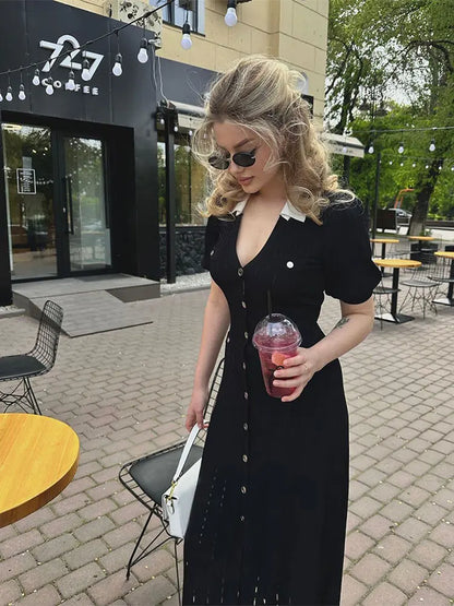 Ribbed Contrast Collar Short Sleeve Buttoned Midi Dress