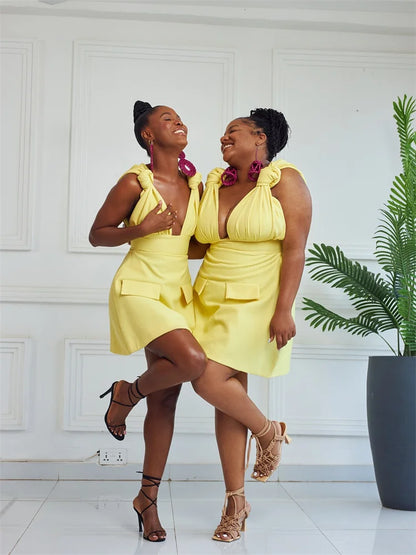 Women V Neck Solid Sleeveless Knot Mini Dress