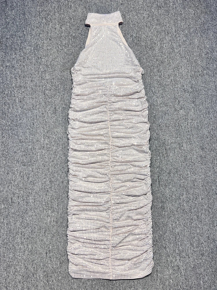 Halter Neck Backless Crystal Folds Long Dress