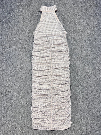 Halter Neck Backless Crystal Folds Long Dress