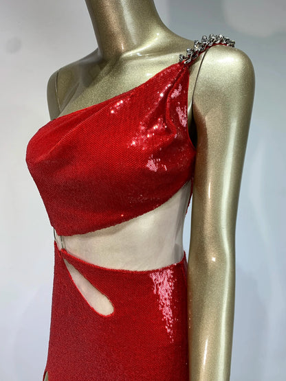 One Shoulder Mesh Sequins Red Maxi Dress