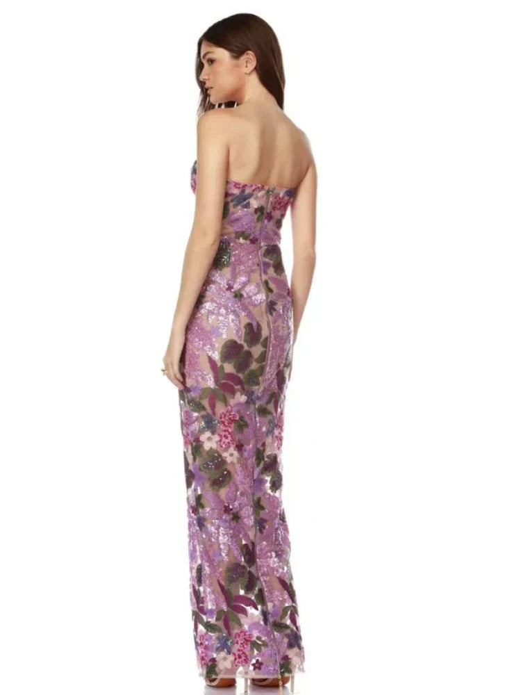 Floral-Embellished Sequin Lavender Ankle Length Dress