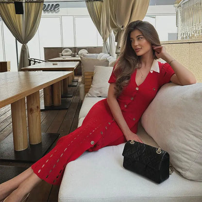 Ribbed Contrast Collar Short Sleeve Buttoned Midi Dress