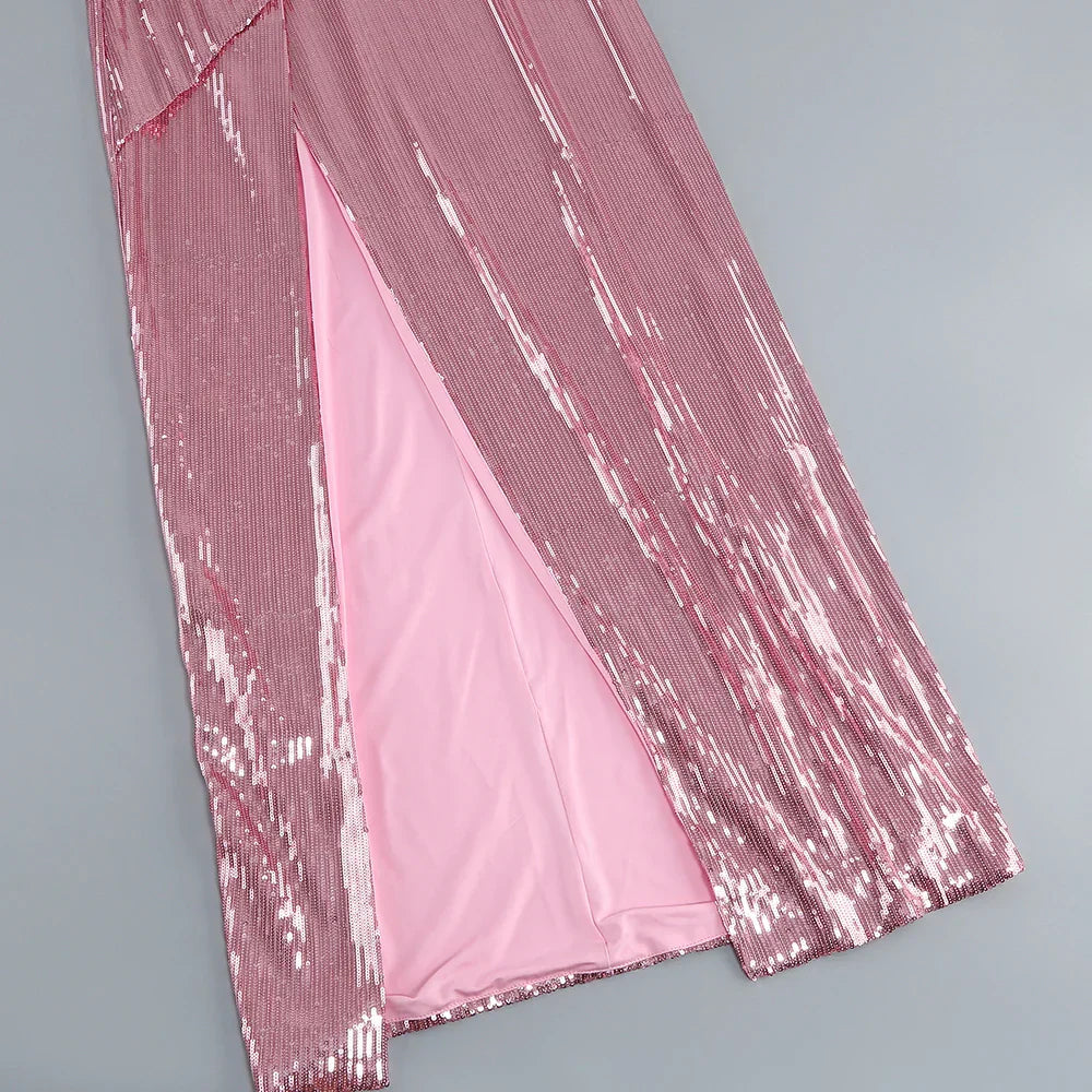 Sequined Strapless Slit Lace Up Ankle Length Dress