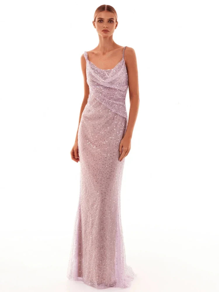 Chain Spaghetti Straps Sequins Maxi Dress