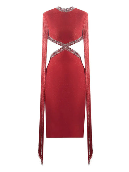 Fringe Sleeve Tassel Sequined Midi Dress