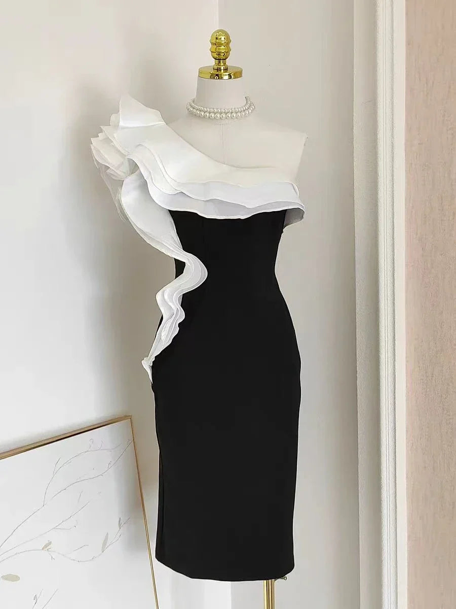 Diagonal Neck Patchwork Ruffles Folds Dress