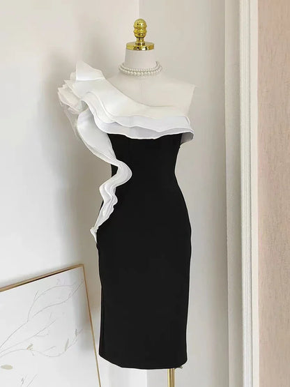 Diagonal Neck Patchwork Ruffles Folds Dress