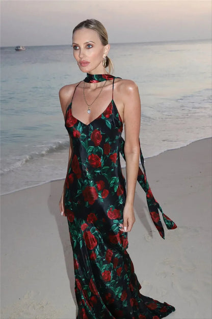 Halter Backless Print Sleeveless High Waist Long Dress