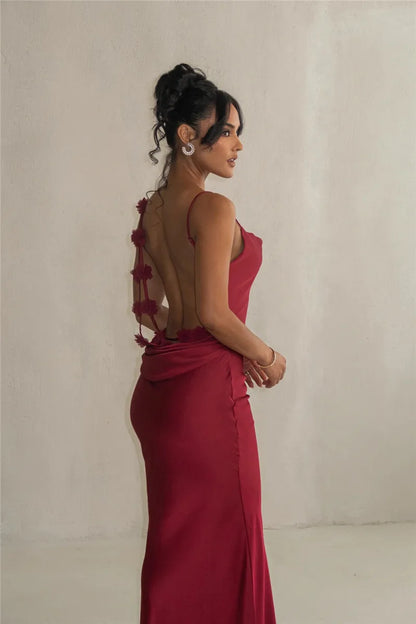 3D Flower Draped Open Back Maxi Dress