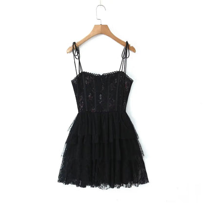 Mesh Bow Lacing up Black Mini Dress