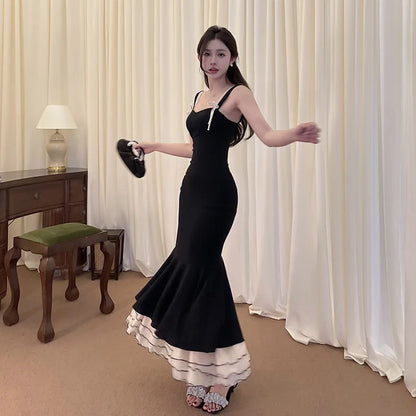 Black Ruffle Trim Fishtail Midi Dress