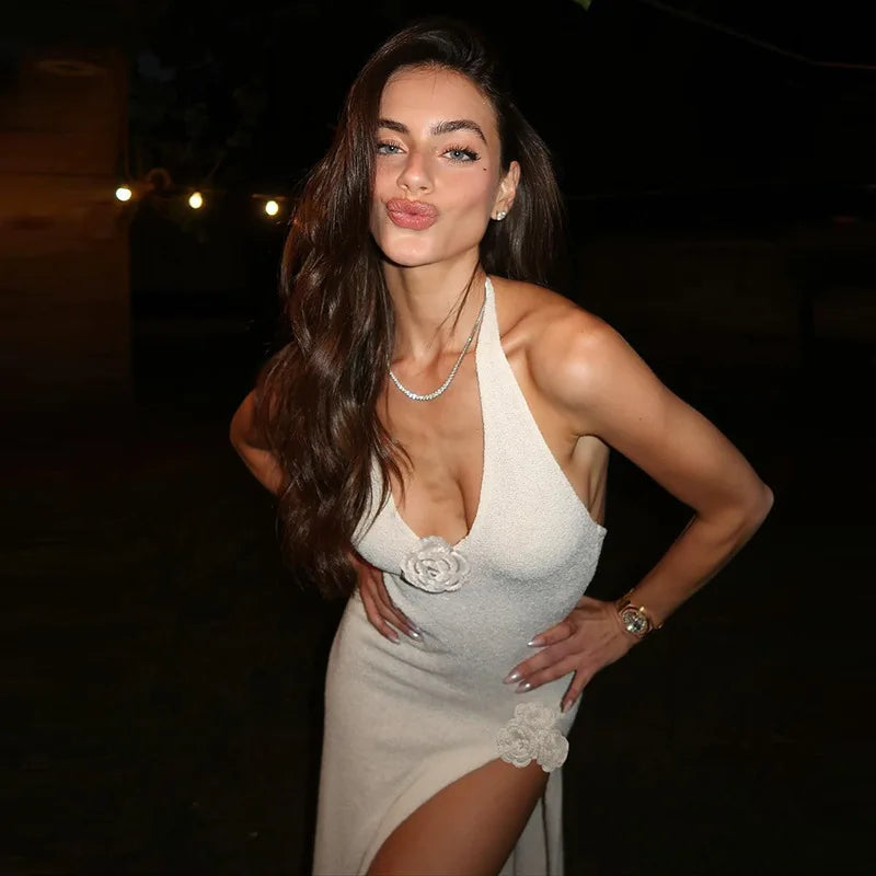 White Knit 3D Flower High Slit Midi Dress