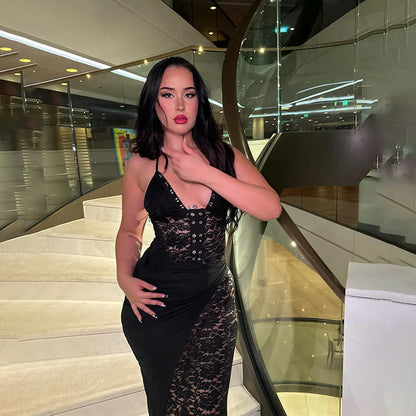 Deep V Halter Backless Maxi Party Dress Women