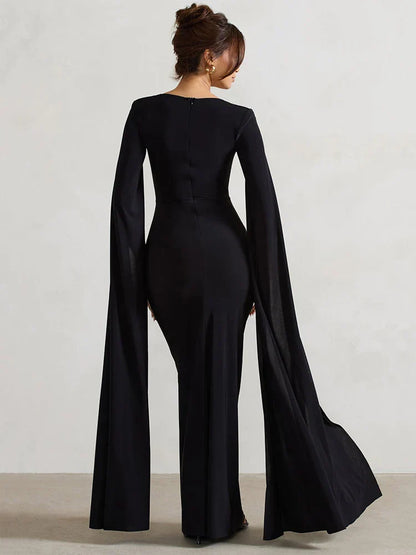 Elegant Cape Sleeve Maxi Dress with High Split