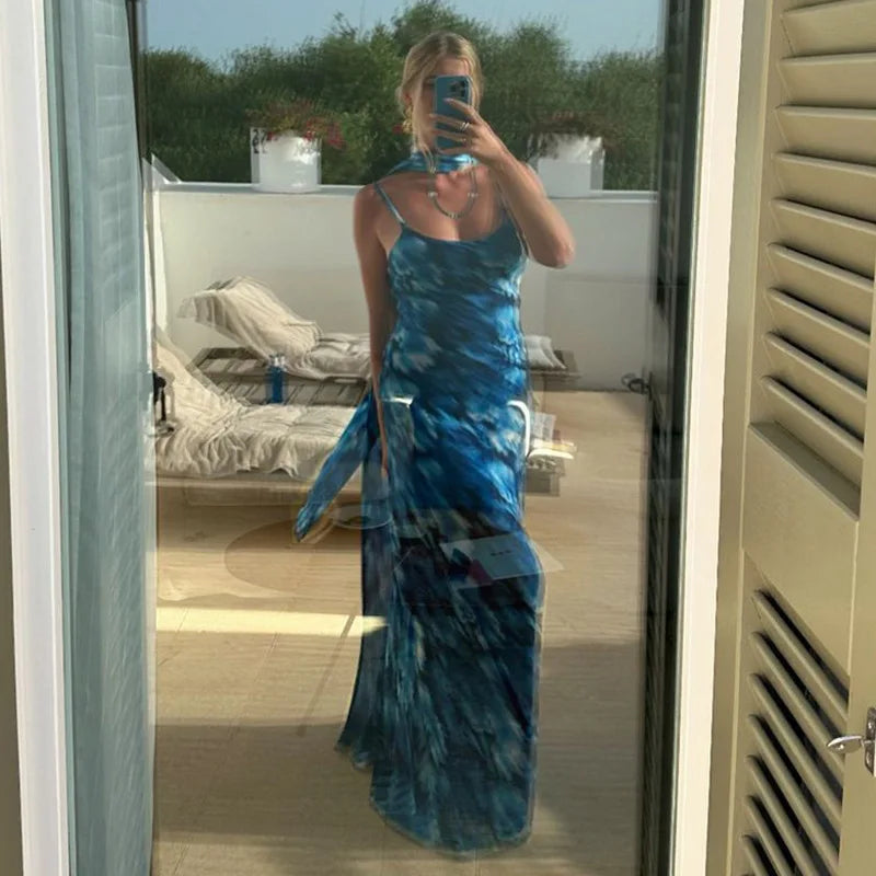 Halter Backless Blue Printed Lace-up Long Dress