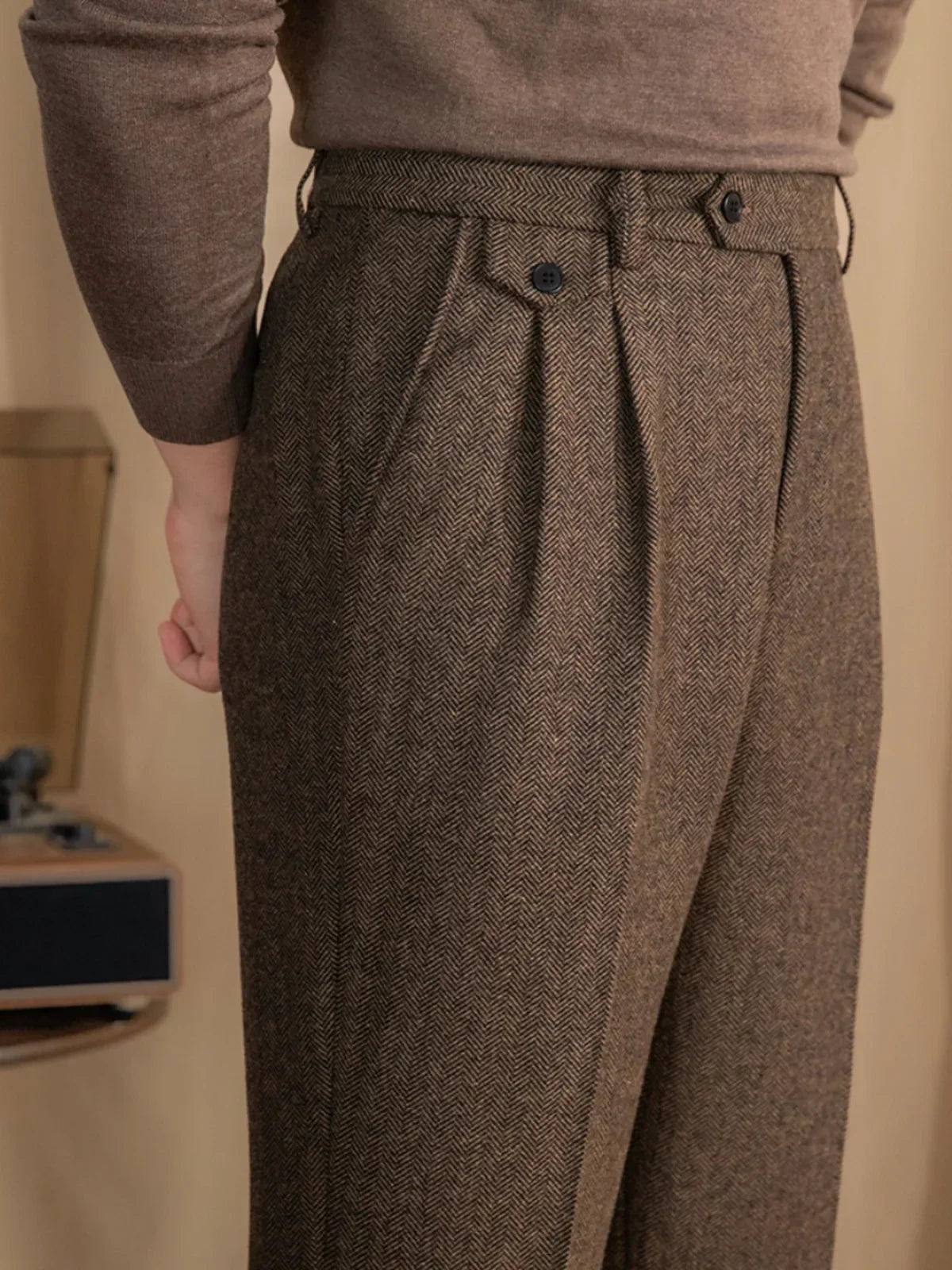 Wool Herringbone Trousers | Side Adjusters | Maison Collection