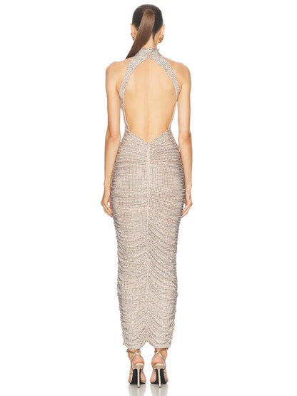 Halter Neck Backless Crystal Folds Long Dress