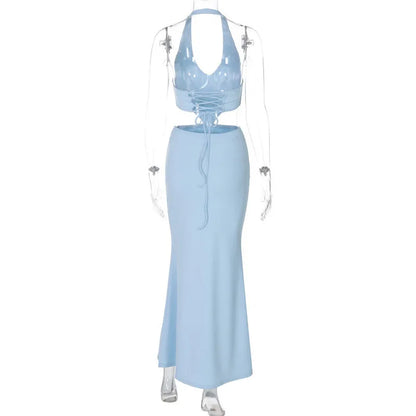 Halter Backless Blue Lace-up Maxi Dress