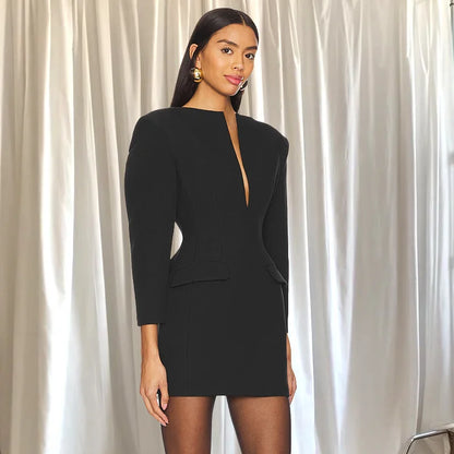 Black Solid Long Sleeve Blazer Dress