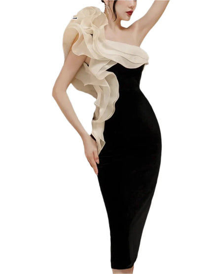 Diagonal Neck Patchwork Ruffles Folds Dress