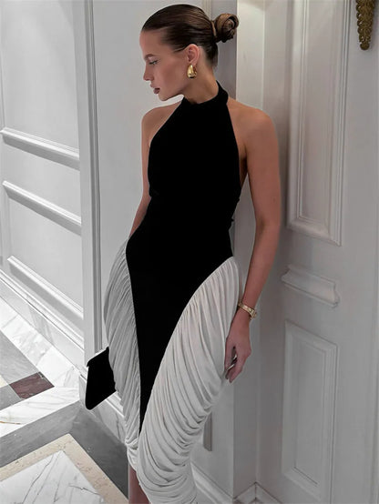 Patchwork Halter Backless Contrast Pleated Midi Dress