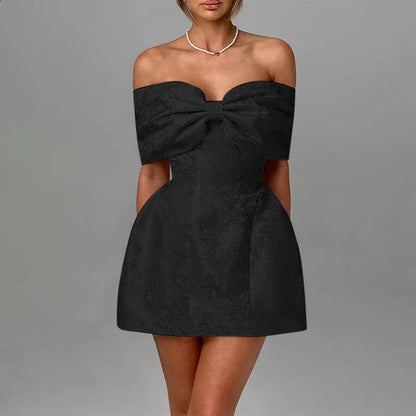 Bow Off Shoulder Backless A-line Jacquard Party Dress
