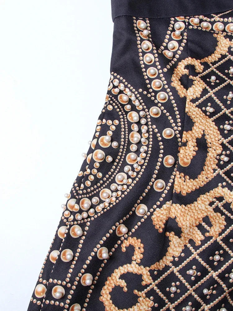 Printed Diagonal Neck Off One-Shoulder Patchwork Bead Dress