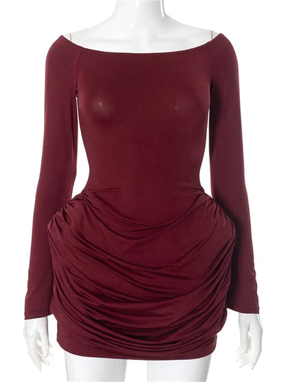 Pleated Off-Shoulder Long Sleeve Mini Dress
