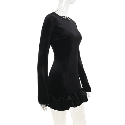 Velvet 3D Pleated Hem Long Sleeve Dress