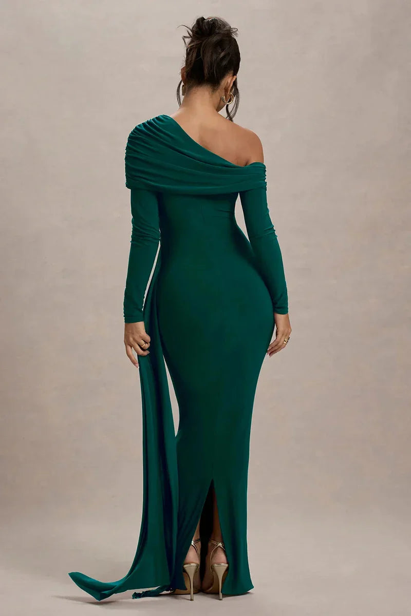 Skew Collar Long Sleeve Maxi Dress