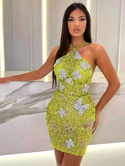 Sleeveless Mesh Sequins Butterfly Mini Dress