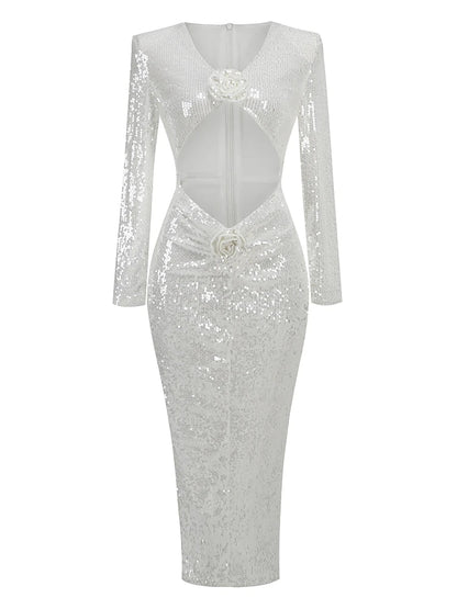 Sequins White Hollow Flower Design Long Dress