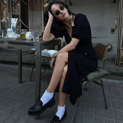 Ribbed Contrast Collar Short Sleeve Buttoned Midi Dress