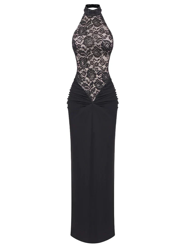 Halter Neck Lace Patchwork Black Maxi Dress