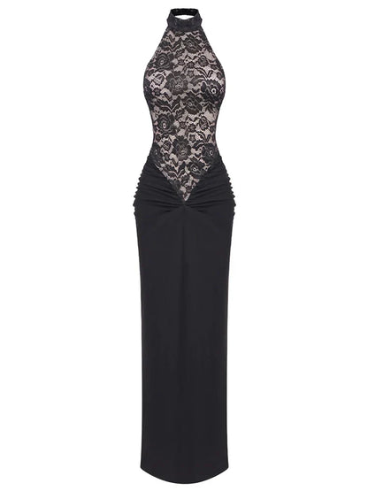 Halter Neck Lace Patchwork Black Maxi Dress