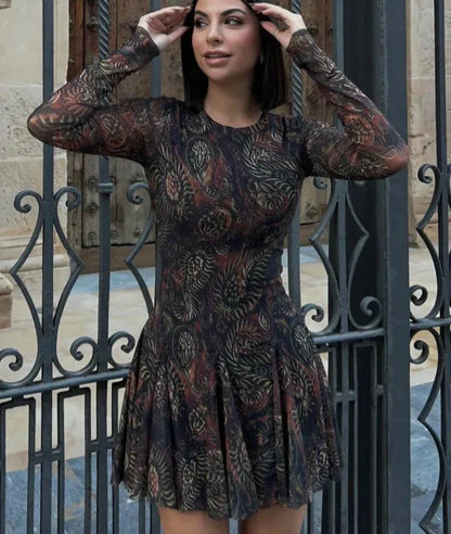 Pleated Long Sleeves Tulle Mini Dress