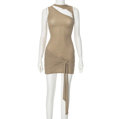 Beige Sequin Wrap Mini Dress