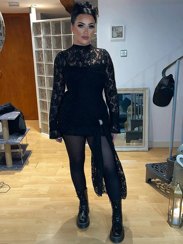 Lace Black Long Sleeve Print Floral Dress